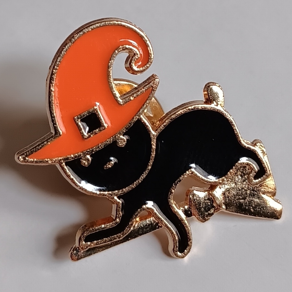Witchy Halloween Black Cat Metal Enamel Pin, Fall Kitty Flying Broomstick Brooch